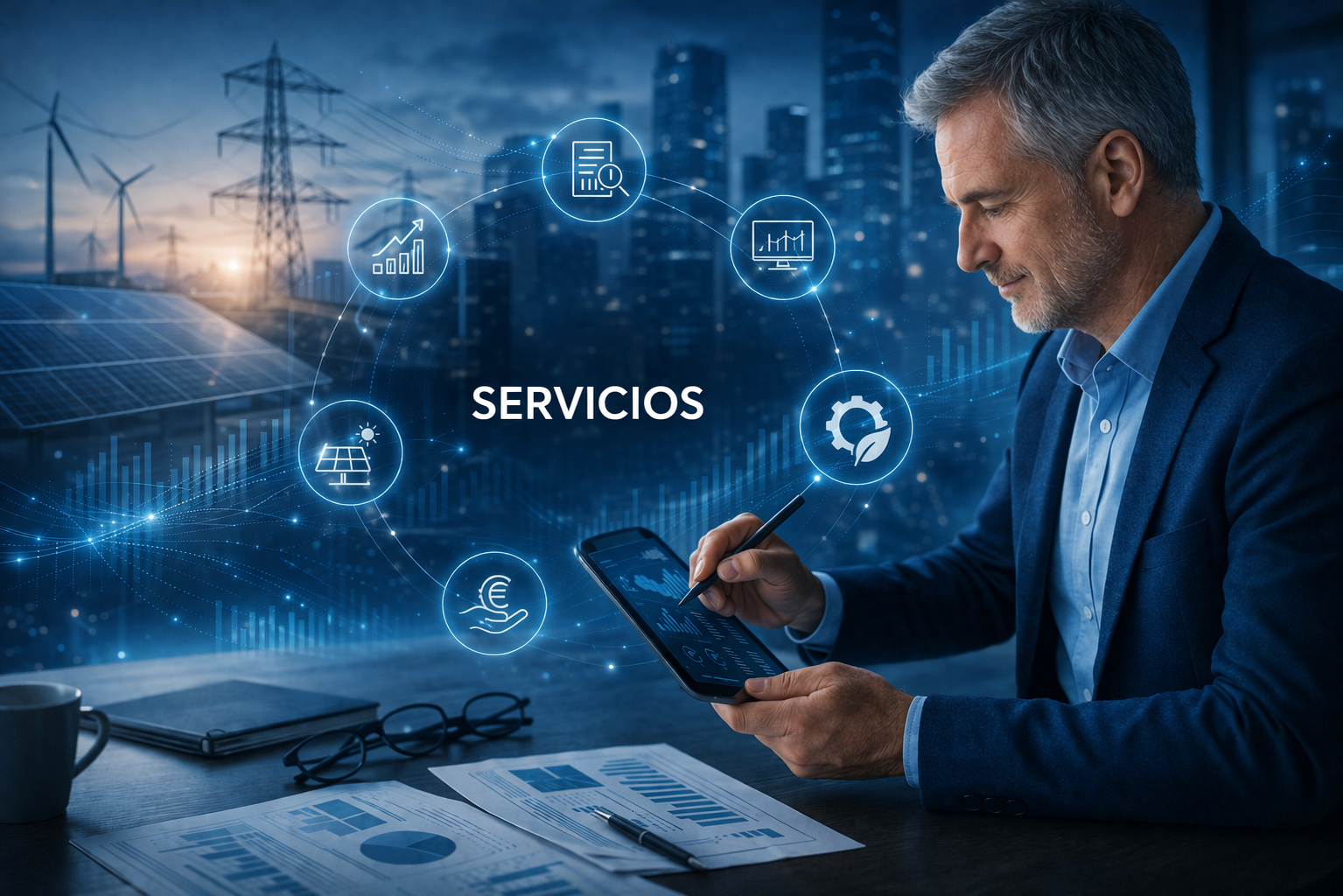 Resumen visual de servicios de asesoría energética para empresas